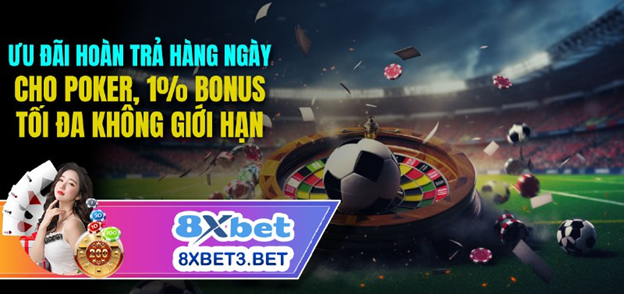 Hình ảnh về khuyến mãi hàng ngày từ 8xbet: Hoàn trả lên đến 1 cho trò chơi Poker