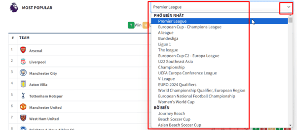 Dropdown bảng xếp hạng bóng đá với các giải đấu và thông tin về đội bóng